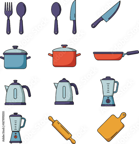 Flat lay icon set vector of kitchen utensils and appliances on white background