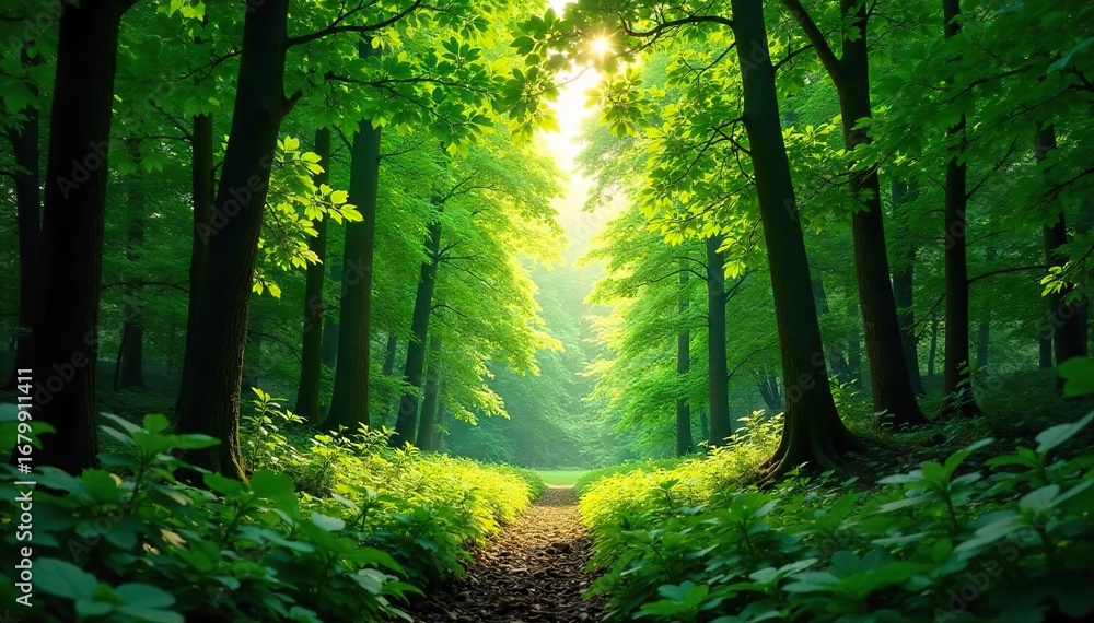 Obraz premium Lush green forest canopy, dappled sunlight filtering through leaves, vibrant foliage, tranquil nature scene Perfect for nature, ecology, and environmental themes , summer, canopy, vegetation