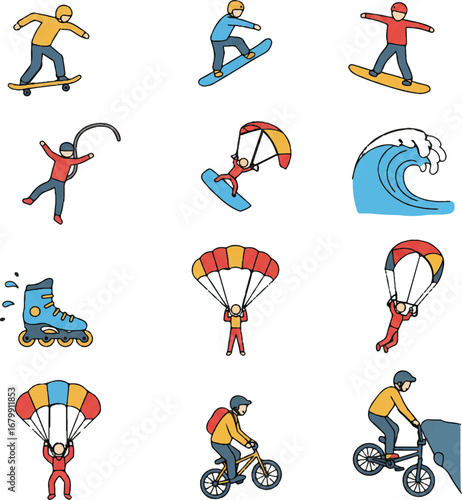 Icon set vector of various sports and leisure activities on a white background with a colorful and dynamic mood.