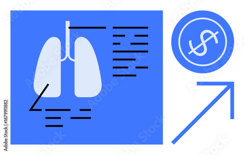 Lung diagnostic chart with medical details paired with upward arrow and dollar sign. Ideal for healthcare funding, medical research, analysis, healthcare budget, diagnostics, growth, simple flat