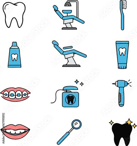 Colorful icon set vector of dental care and oral hygiene elements on a clean white background.