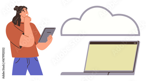 Thoughtful individual holding a tablet, a cloud figure linking to a laptop. Ideal for technology, innovation, cloud storage, data processing, remote work, digital transformation, and connectivity
