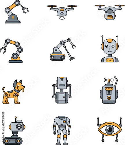 Flat lay of a diverse icon set vector featuring robots, machinery, and a dog in a modern, minimalist style with a predominantly gray and orange color scheme against a clean white background.