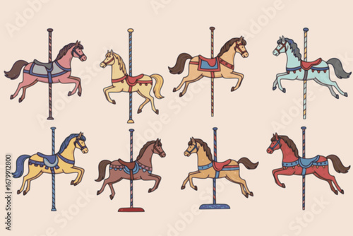 Carousel horses set. Cute bright colorful merry go round horses. Retro vintage carousel style. Hand drawn modern Vector illustration. Isolated design elements. Print, logo, sticker templates