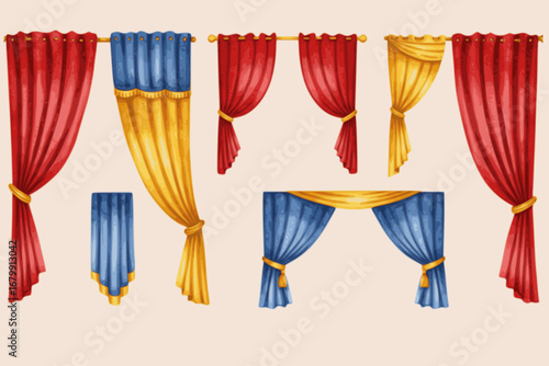 Red, blue yellow curtains set. Various wavy luxury curtains, different shapes, golden ties, cords, tassels. Decorative cloth. Hand drawn trendy Vector illustration. Isolated design elements