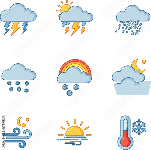 Weather icon set vector with various meteorological symbols against a white background.