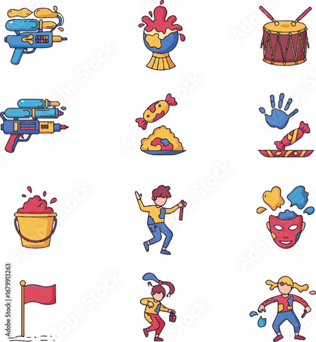 Colorful icon set vector featuring various cartoon objects and characters on a white background.