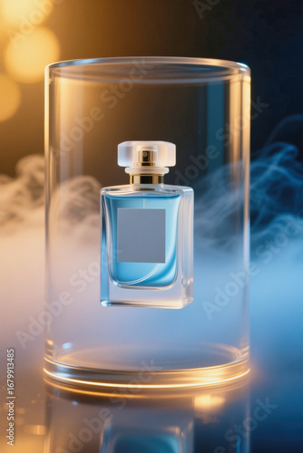 A clear glass perfume bottle with a silver cap and blue liquid floats in mid-air surrounded by misty smoke.