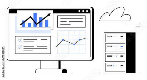 Wallpaper Mural Desktop screen displaying analytics with charts, graphs, and checklists next to a server and a cloud icon. Ideal for technology, data, business insights, cloud storage, IT, analytics simple landing Torontodigital.ca