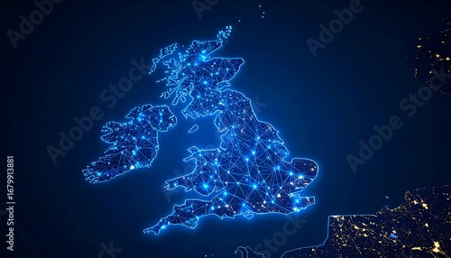 A stylized map of the British Isles, highlighted with glowing, interconnected points