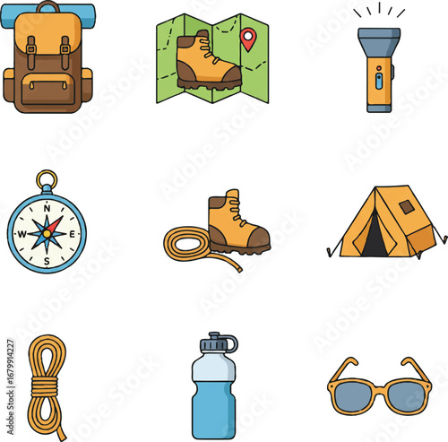 Colorful icon set vector featuring various camping and hiking elements on a clean white background with a vibrant and adventurous mood.