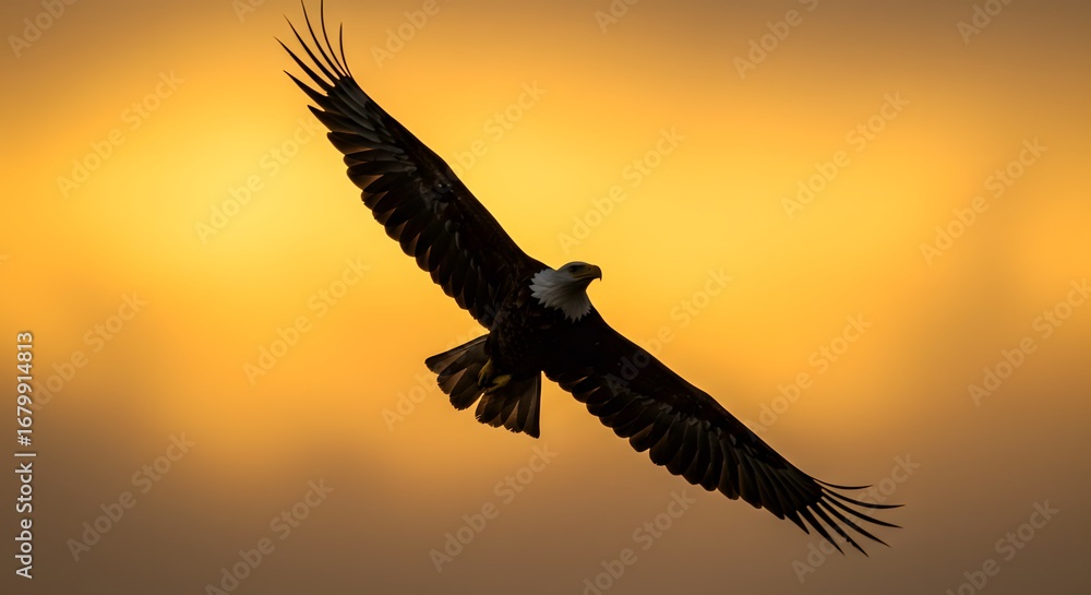 Naklejka premium An majestic bald eagle soars through the sky, its silhouette against the warm sunset hues, embodying freedom and strength