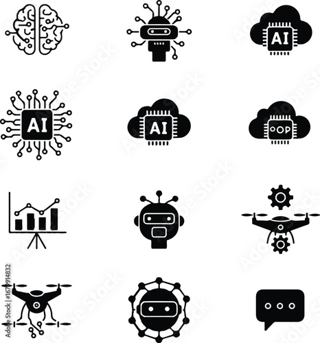 Flat lay of a modern icon set vector featuring AI and robotics symbols in black on a white background with a sleek and technological mood.