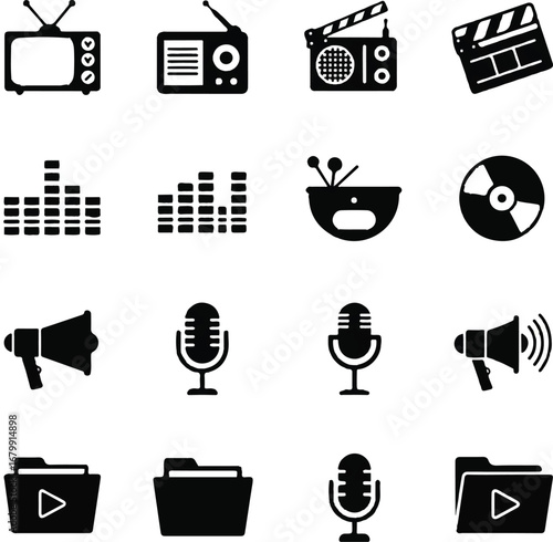 Flat lay of a diverse icon set vector with media and communication symbols on a clean white background.