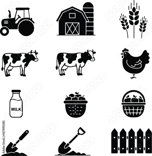 Black and white icon set vector featuring farm animals, tools, and produce on a clean background.