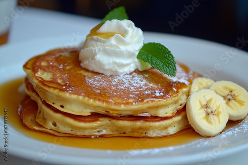 Delicious pancakes with banana whipped cream syrup and mint garnish symbolizing sweet breakfast comfort food and homemade indulgence