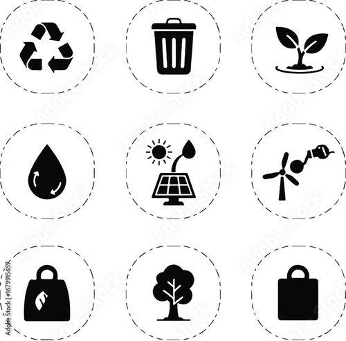 Vector icon set of eco-friendly symbols in black and white on a clean background.