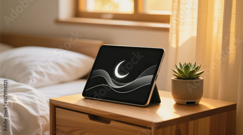 A tablet displaying a moon and waves illustration sits on a wooden nightstand beside a potted succulent in a cozy bedroom.