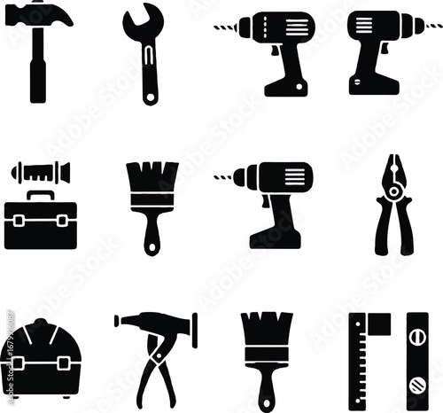 Collection of black and white construction tools icons on clean background