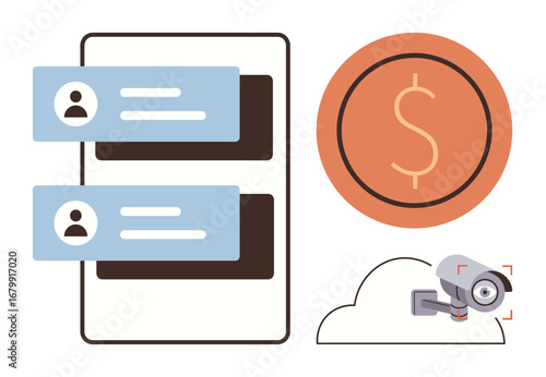 Chat messages on a smartphone screen, a dollar sign in a circle, and a cloud-connected surveillance camera. Ideal for technology, fintech, security, communication, cloud computing, remote monitoring