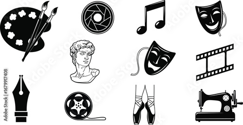 A collection of black and white art related icons including painting sculpture and performing arts symbols