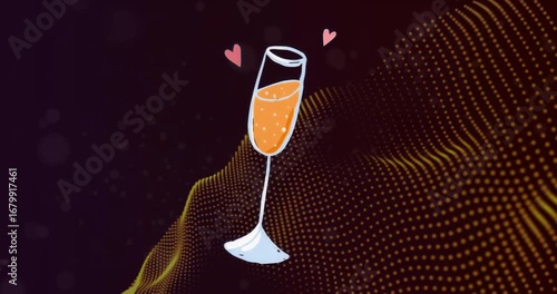 Loop starting champagne flute rocking with dotted wave and floating pink hearts showing celebration