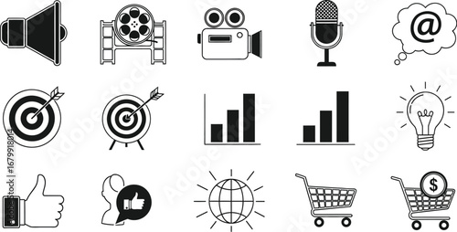 Collection of marketing and business icons in black and white showcasing various concepts and symbols