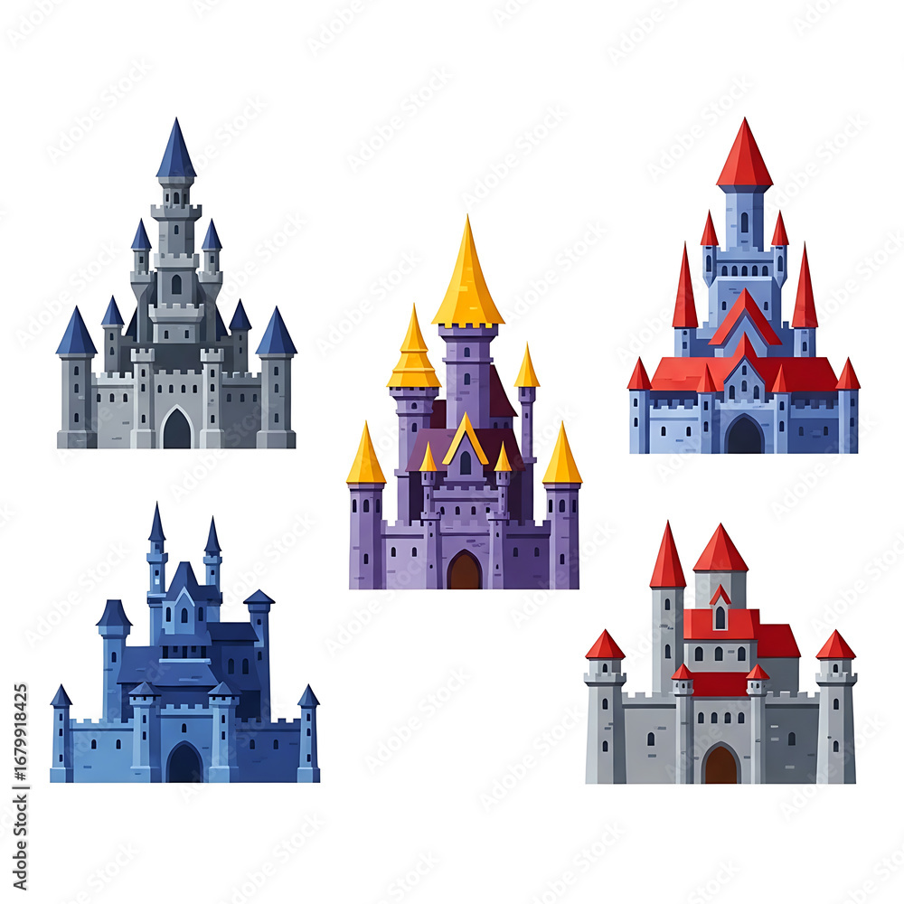 Obraz premium Collection of five fairytale castles isolated on white background