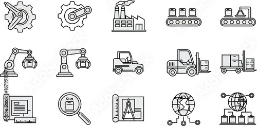 Line art icons depicting manufacturing processes and industrial automation on a light gray background