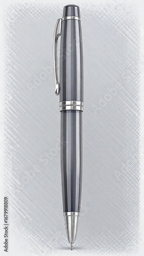 A sophisticated, gray ballpoint pen, highlighted by silver accents, is presented against a textured, neutral backdrop.