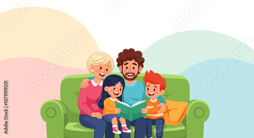 Joyful family of four, including parents and two kids, reading a storybook together on a cozy green couch. Perfect for themes of parenting, education, and togetherness.