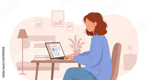 Professional woman uses laptop for remote work or online study from her modern home office, symbolizing productivity and flexible lifestyle.