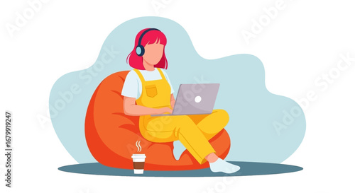 Young woman in headphones working remotely on a laptop, comfortably seated on a bean bag with coffee. Represents modern lifestyle, online education, and flexible work.