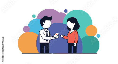 Business professionals exchange information in a modern, colorful illustration. Represents networking, communication, partnership, and corporate interactions. Ideal for business concepts.
