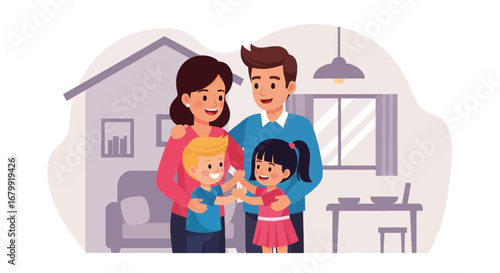 Cheerful family of four, including parents and two happy children, embracing warmly within their modern home. Ideal for lifestyle and domestic concepts.