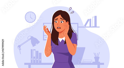 Young businesswoman experiencing stress and anxiety in a busy office environment. Illustrates work pressure, deadlines, and mental strain.