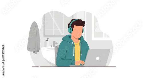 Young man in headphones working on laptop at home. Illustrates remote work, online learning, or modern digital lifestyle.