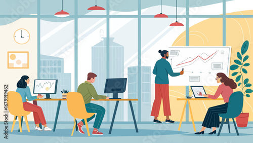 Diverse team collaborating in a modern office, analyzing data and strategizing for business growth and success. Ideal for corporate or startup concepts.