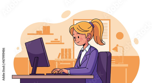 Professional woman in a business suit working diligently on a computer at her office desk, embodying productivity and modern work.