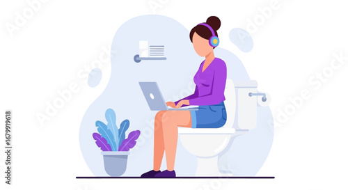 Young woman multitasking, using a laptop and wearing headphones while sitting on a toilet. Concept of remote work, privacy, and unconventional workspaces.