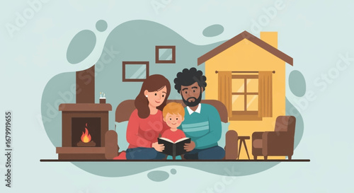 Diverse family reading a book together in a cozy living room with a fireplace. Depicts home, education, and loving family moments. Ideal for lifestyle, parenting, or real estate concepts.