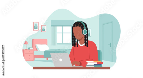 Focused student or remote worker wearing headphones, using a laptop at a desk in a cozy bedroom setting. Ideal for online learning, remote work, or quiet study concepts.