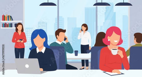 Diverse team of professionals working productively in a modern open-plan office, engaged in daily business tasks and communication. Ideal for corporate lifestyle.