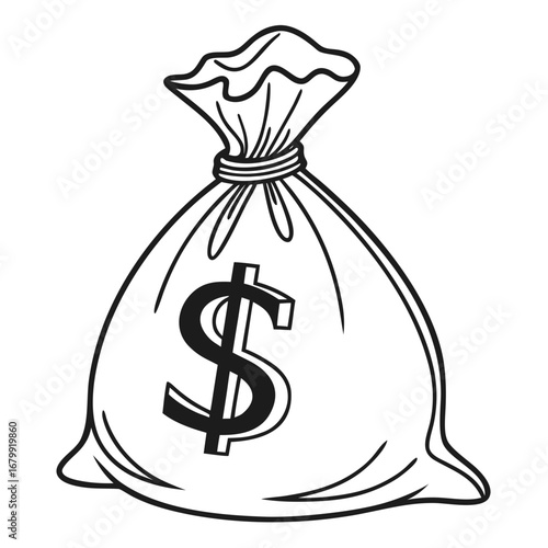 Bag of money: A simple monochrome illustration of a classic moneybag with dollar sign, evoking themes of wealth, finance, and fortune.