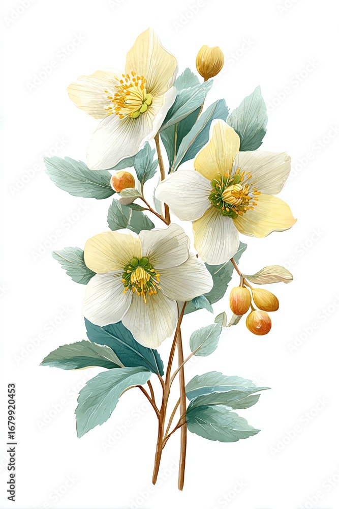 Obraz premium white hellebore cluster with bluish-gray leaves and tiny berries, engraved petal striations, translucent watercolor layers, quiet eggshell canvas