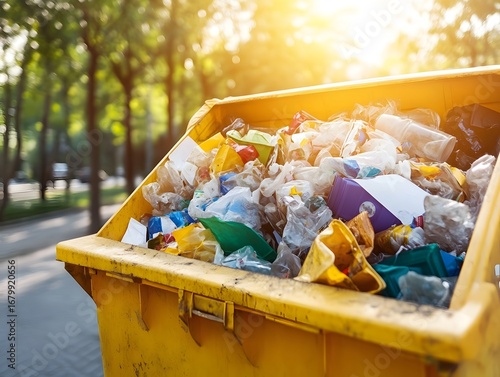 Urban Park Overflowing Garbage Bin Highlights Environmental Impact and Recycling Solutions