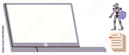 Robot holding data shield near laptop and documents, representing AI data security and digital workflow. Ideal for AI, cybersecurity, remote work, innovation, automation, machine learning, simple