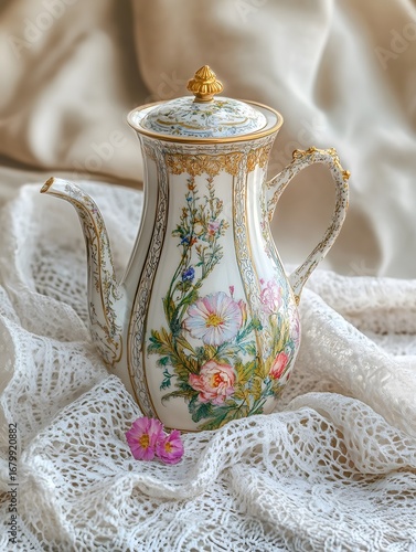 Vintage Porcelain Teapot with Floral Pattern and Lace Decor - Antique Crockery for Elegant Home Decor and Sophisticated Beverage Service