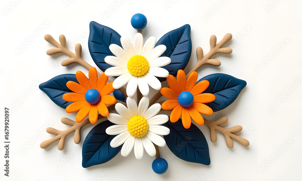 Obraz premium Whimsical Floral Arrangement: Daisies, Leaves, and Branches in a Playful Style