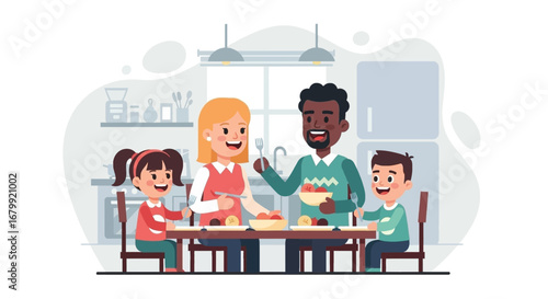 Smiling multicultural family shares a healthy meal in their home, showcasing happiness, unity, and modern family life. Ideal for lifestyle themes.